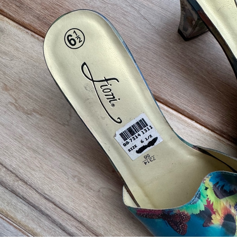 Vintage 90s Fioni Holographic Butterfly Sunflower Heels Mules Shoes Rave 6.5 - Picture 9 of 10